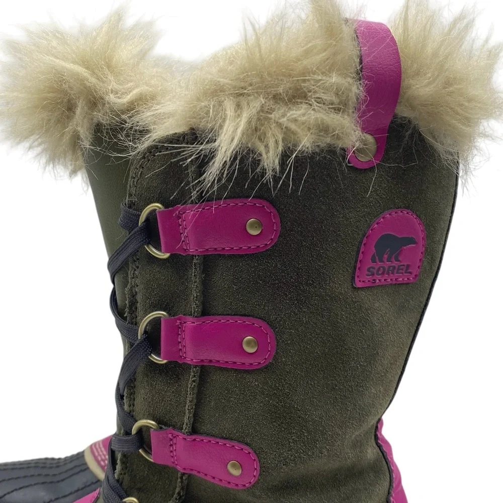 Sorel Girls Winter Boots Size 6 Green Pink Leather Waterproof Faux Fur Tall - Picture 3 of 14